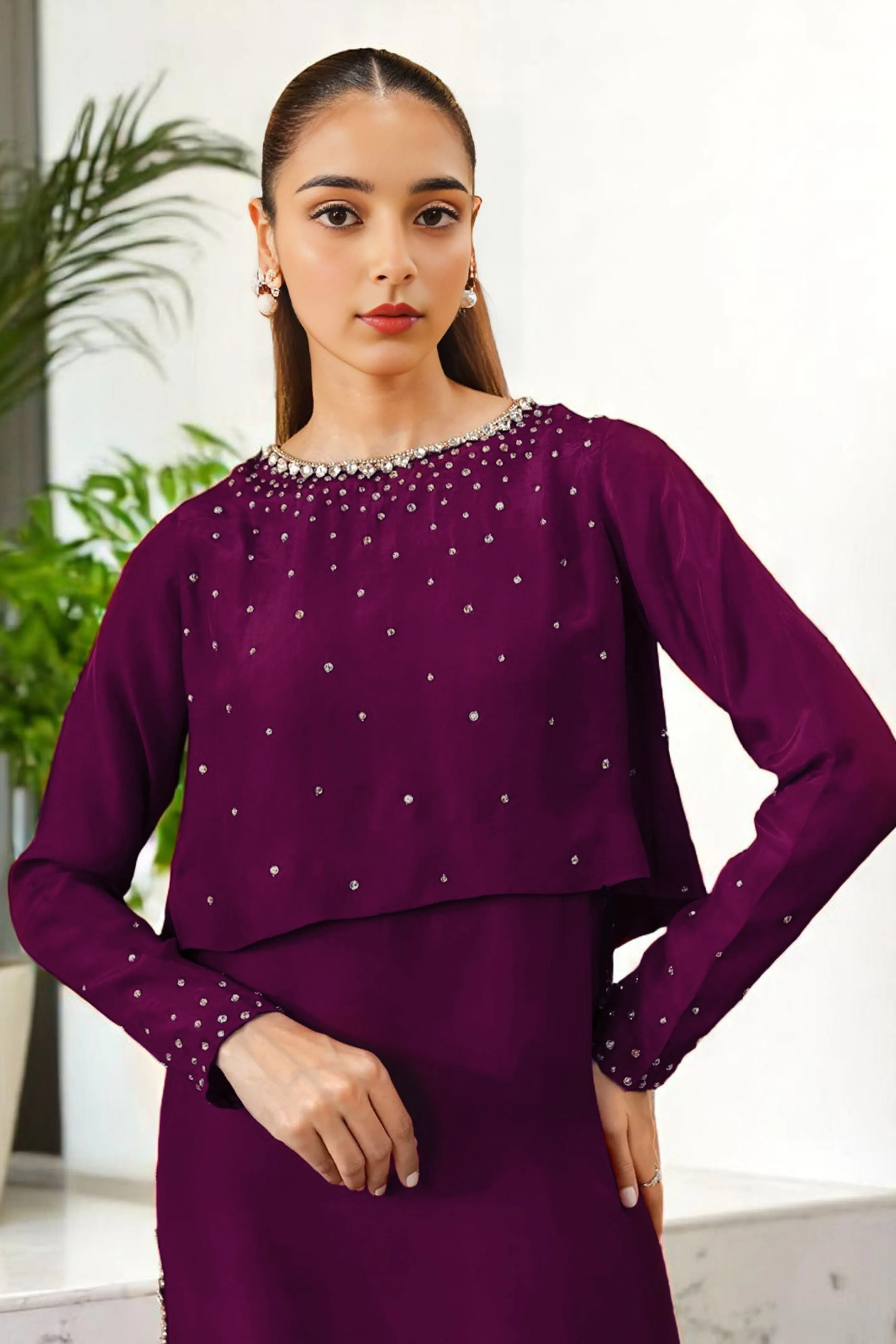 Arina: Plum Color Crop Top & Dress With Crystal Hand Embellishment - 477