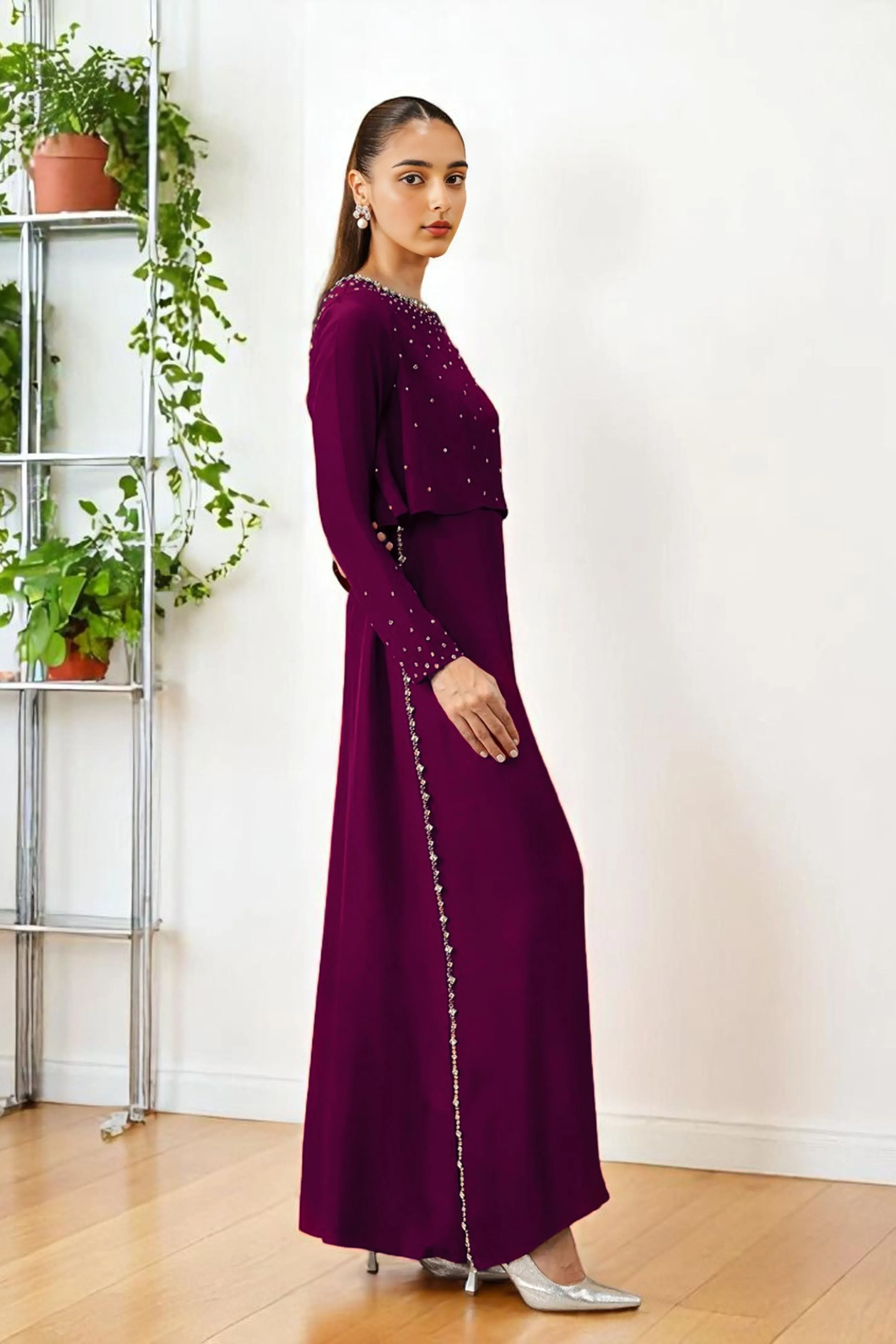 Arina: Plum Color Crop Top & Dress With Crystal Hand Embellishment - 477
