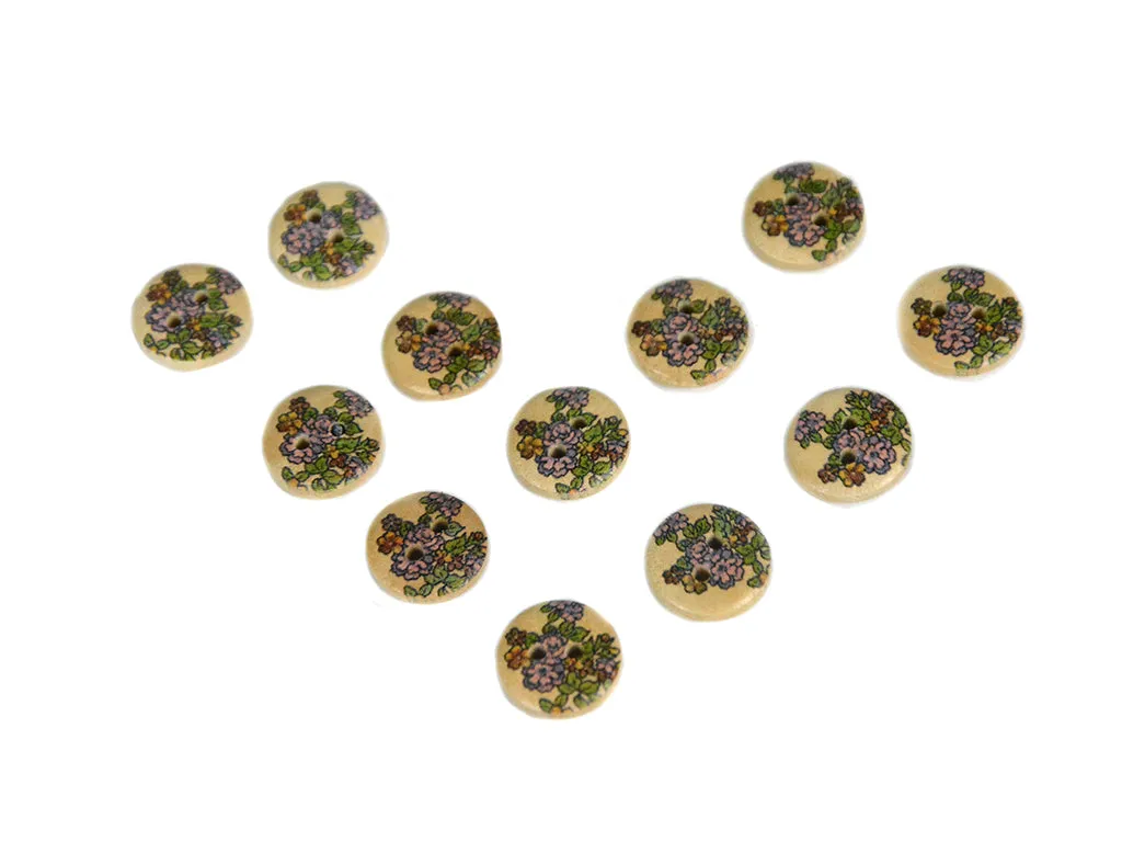 Beige Purple Green Floral Printed 2 Hole Wooden Buttons