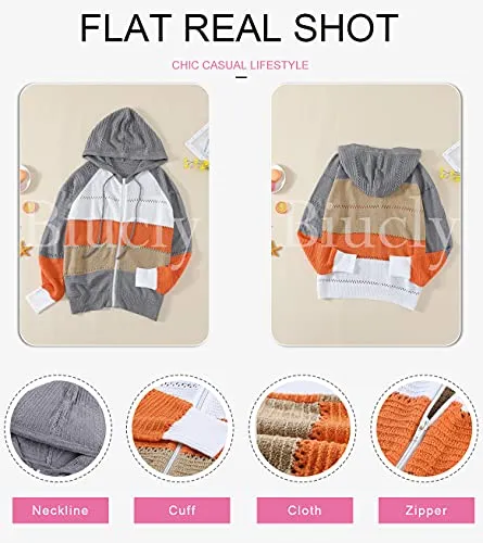 Biucly Womens Stripes Color Block Knit Sweater Zip Up Hoodies Long Sleeve Lightweight Drawstring Jacket Pullover Sweatshirts Sweaters Fall Winter 2022,US 18-20(2XL),Grey