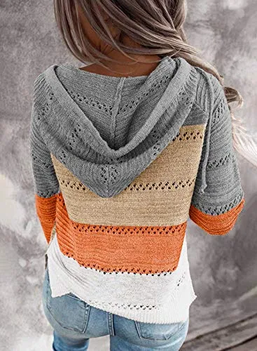 Biucly Womens Stripes Color Block Knit Sweater Zip Up Hoodies Long Sleeve Lightweight Drawstring Jacket Pullover Sweatshirts Sweaters Fall Winter 2022,US 18-20(2XL),Grey