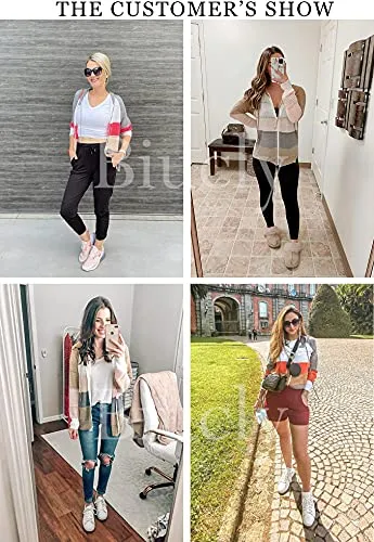 Biucly Womens Stripes Color Block Knit Sweater Zip Up Hoodies Long Sleeve Lightweight Drawstring Jacket Pullover Sweatshirts Sweaters Fall Winter 2022,US 18-20(2XL),Grey