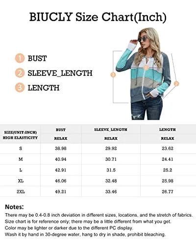 Biucly Womens Stripes Color Block Knit Sweater Zip Up Hoodies Long Sleeve Lightweight Drawstring Jacket Pullover Sweatshirts Sweaters Fall Winter 2022,US 18-20(2XL),Grey