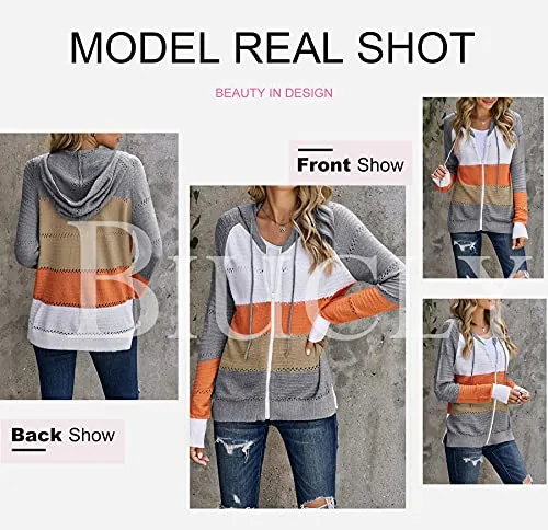 Biucly Womens Stripes Color Block Knit Sweater Zip Up Hoodies Long Sleeve Lightweight Drawstring Jacket Pullover Sweatshirts Sweaters Fall Winter 2022,US 18-20(2XL),Grey
