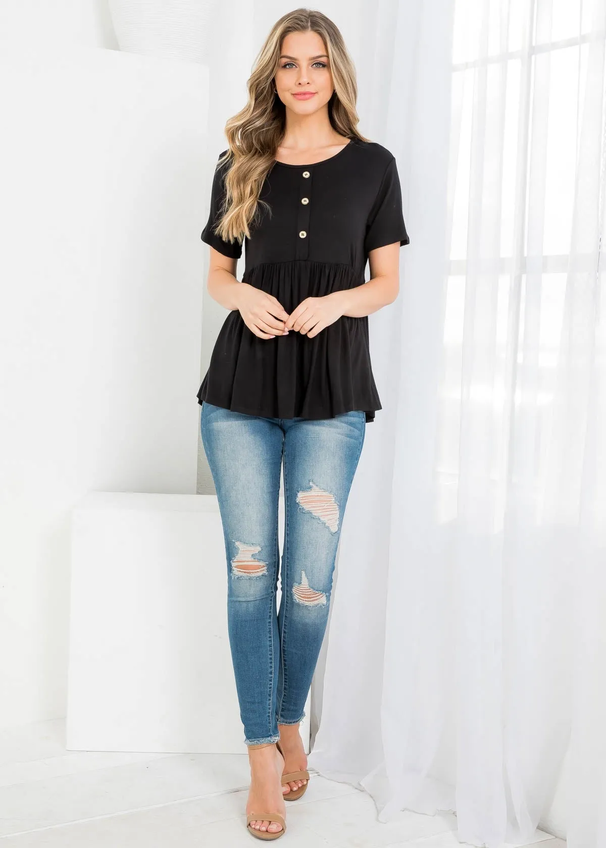 BLACK ROUND NECK BUTTON DOWN RUFFLE TOP