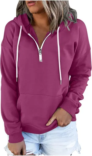 Ceboyel Women Quarter Zip Pullover Sweatshirt Solid Color Hoodies Drawstring Long Sleeve Pullover Tops Fall Clothing 2023