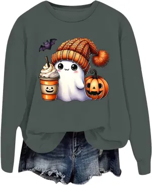 Christmas Halloween Sweatshirts For Women Pumpkin Ghost Pullover Sweater Cute Trendy Sweatshirt Funny Graphic Clothes