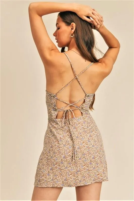 Cream Floral Lace Up Dress