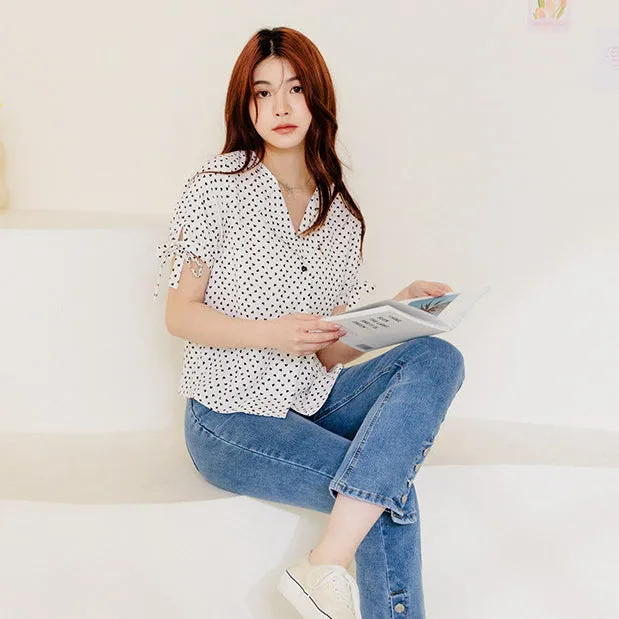 Cute Wrinkle Free Hearts Print Button Shirt Top