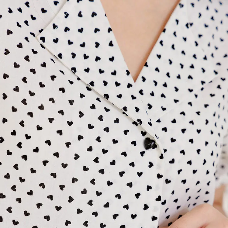 Cute Wrinkle Free Hearts Print Button Shirt Top