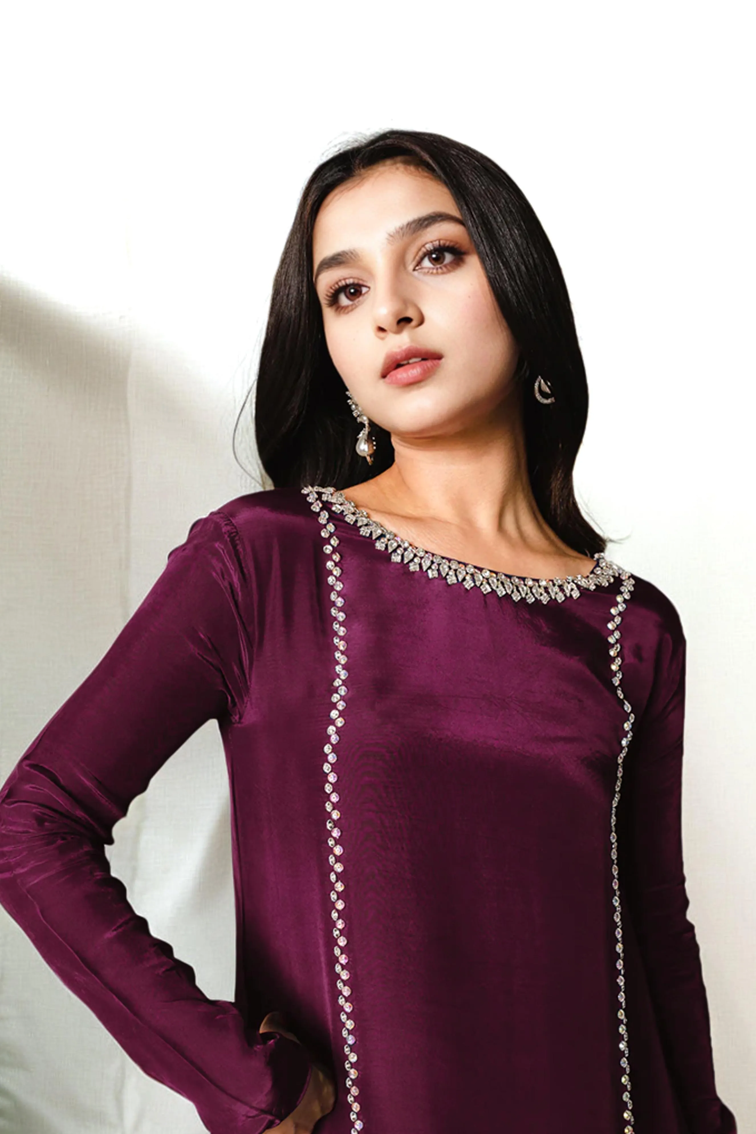 Elena: Burgundy Long Silk Dress With Crystal Hand Embellishment - 462
