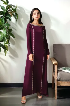 Elena: Burgundy Long Silk Dress With Crystal Hand Embellishment - 462