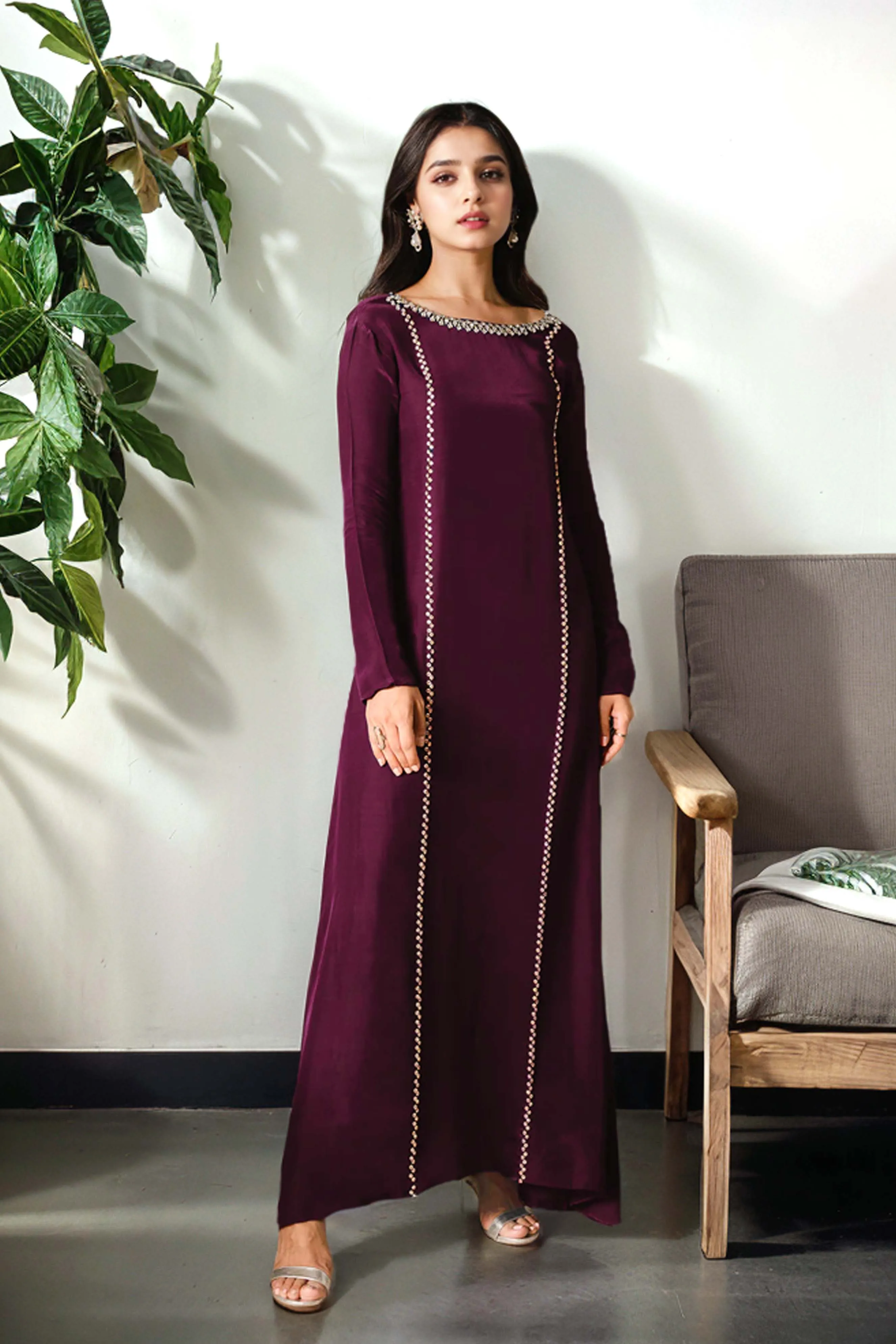 Elena: Burgundy Long Silk Dress With Crystal Hand Embellishment - 462