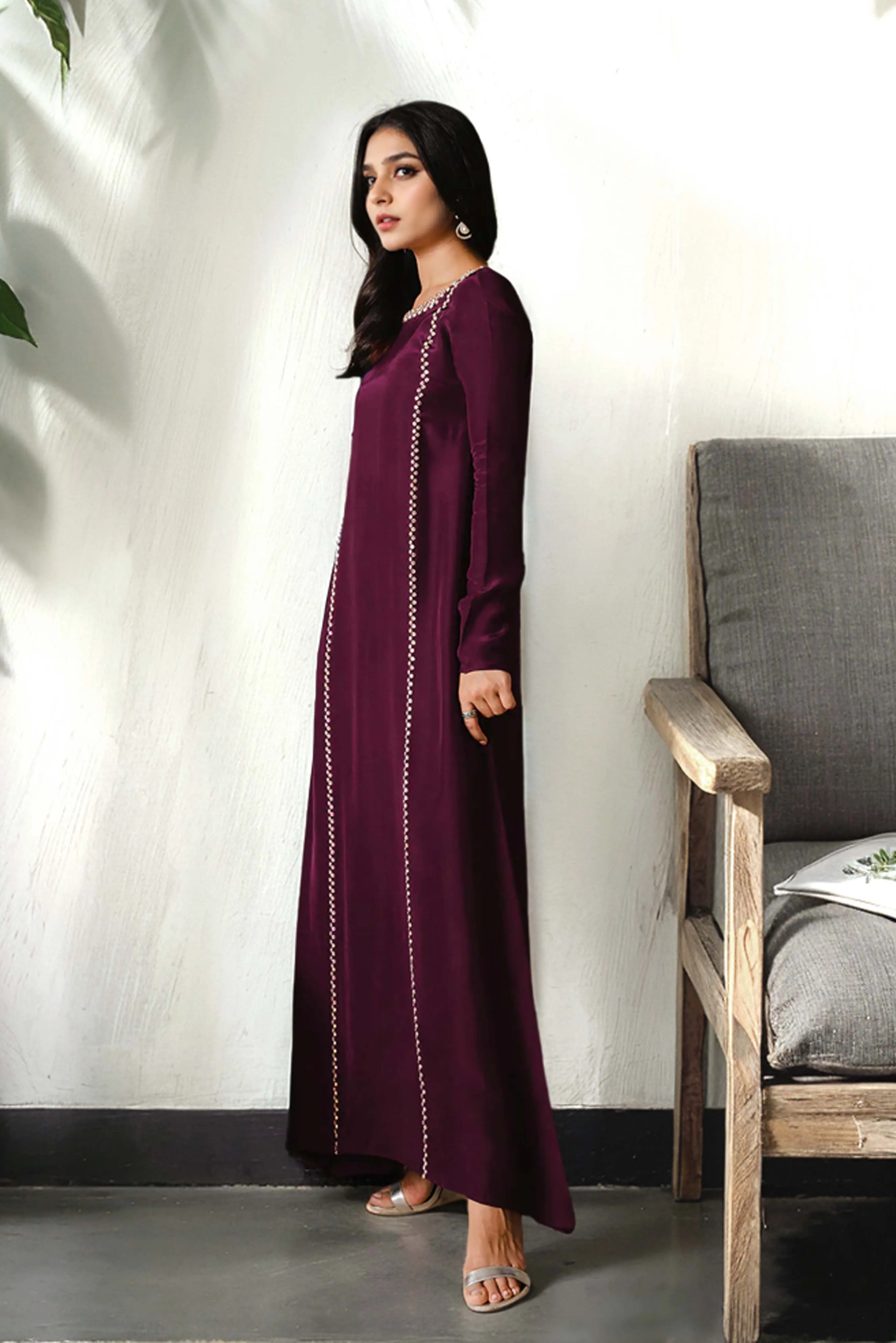 Elena: Burgundy Long Silk Dress With Crystal Hand Embellishment - 462