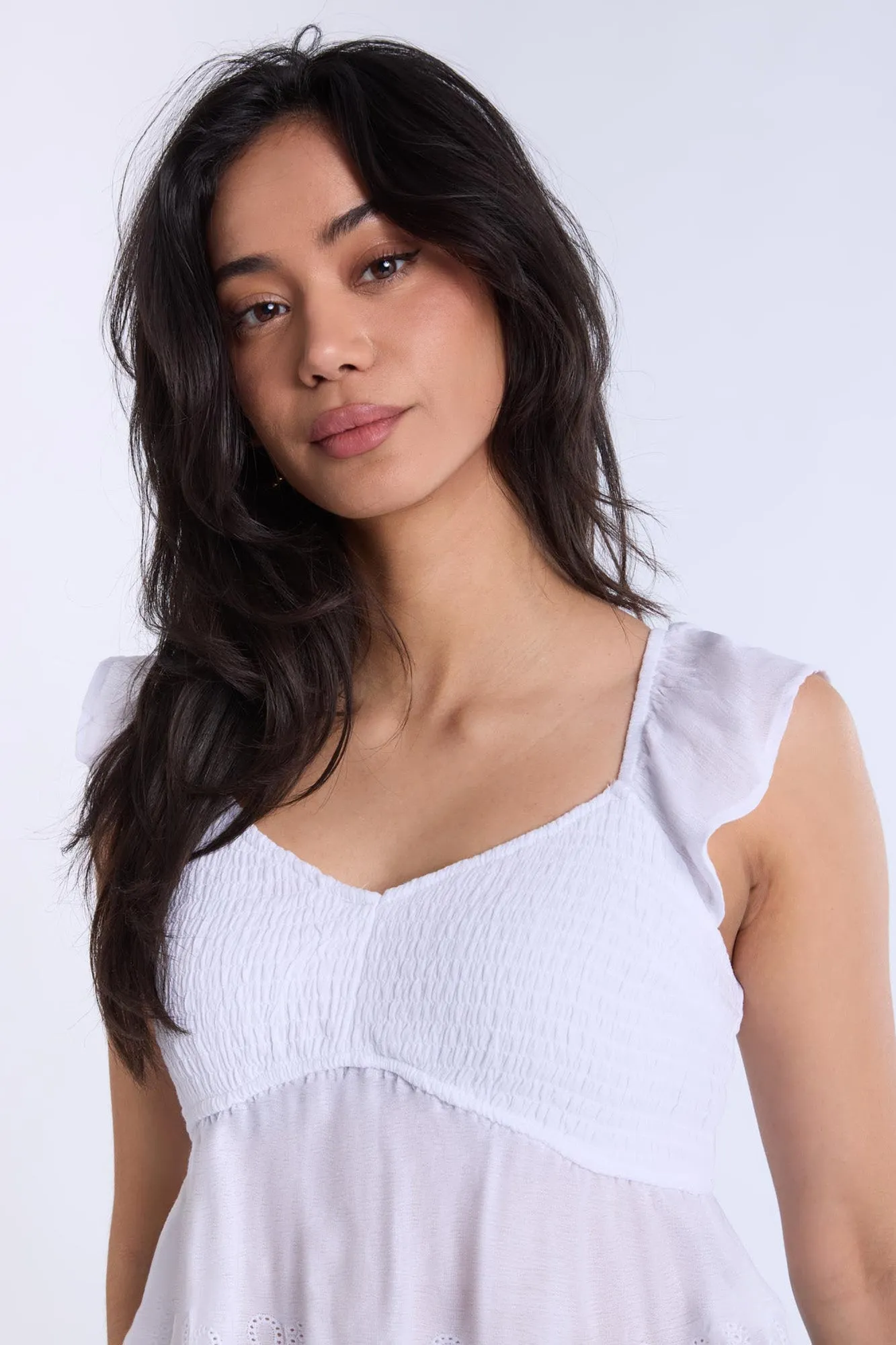 Eyelet Flutter Sleeve Babydoll Top