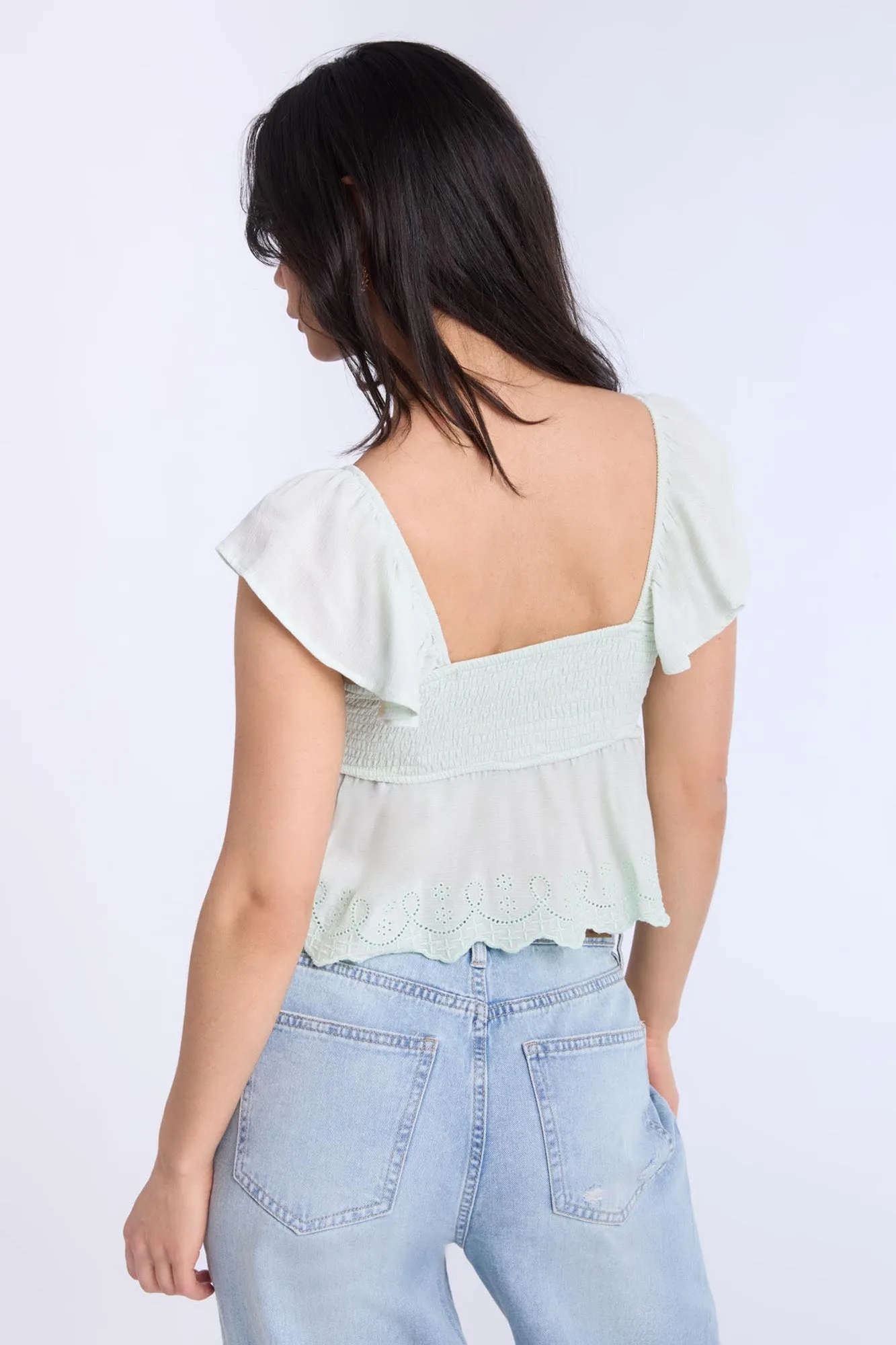 Eyelet Flutter Sleeve Babydoll Top
