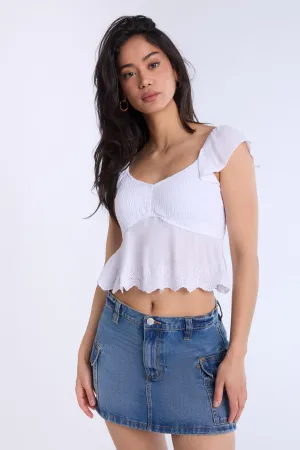 Eyelet Flutter Sleeve Babydoll Top
