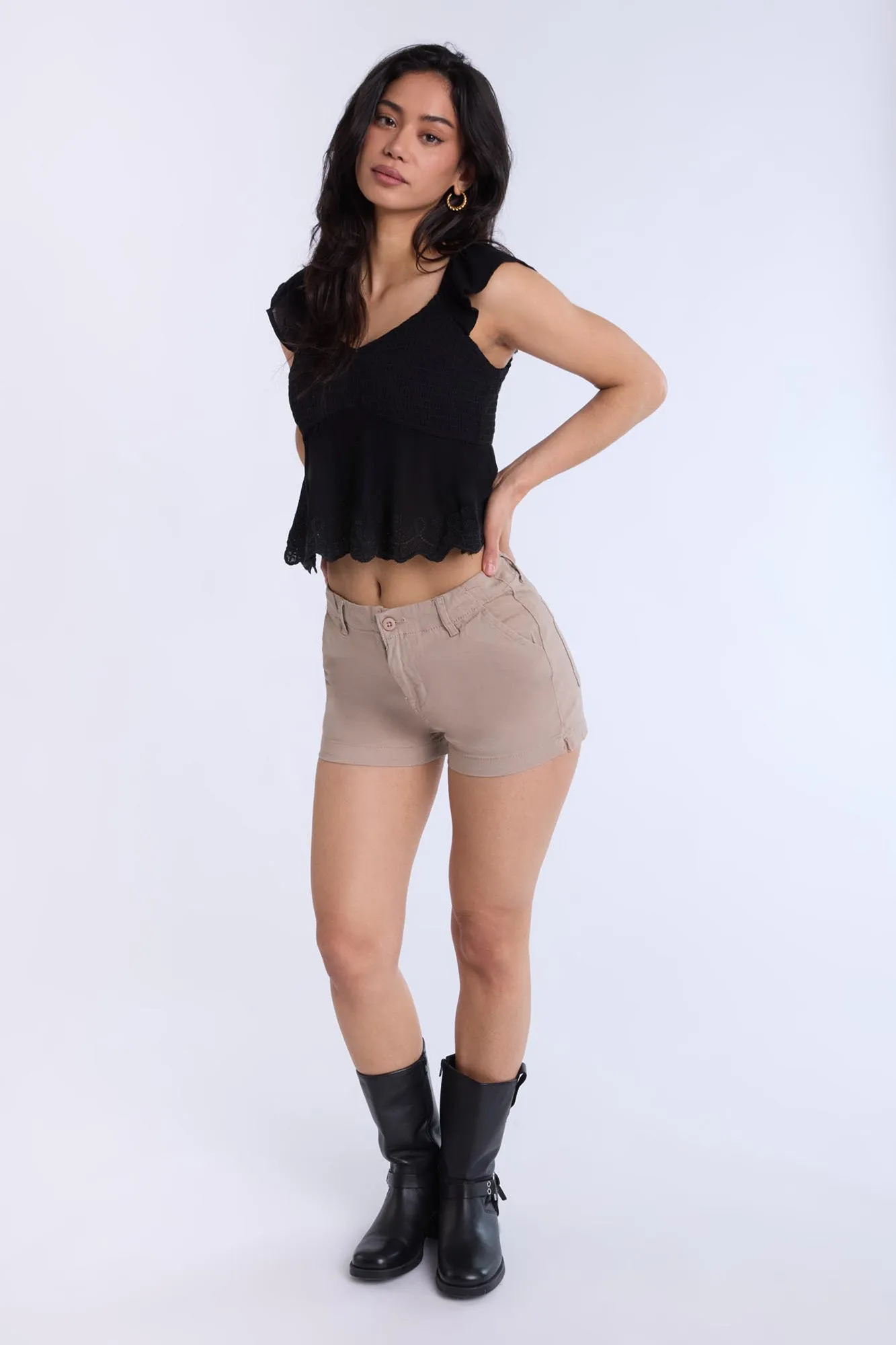 Eyelet Flutter Sleeve Babydoll Top