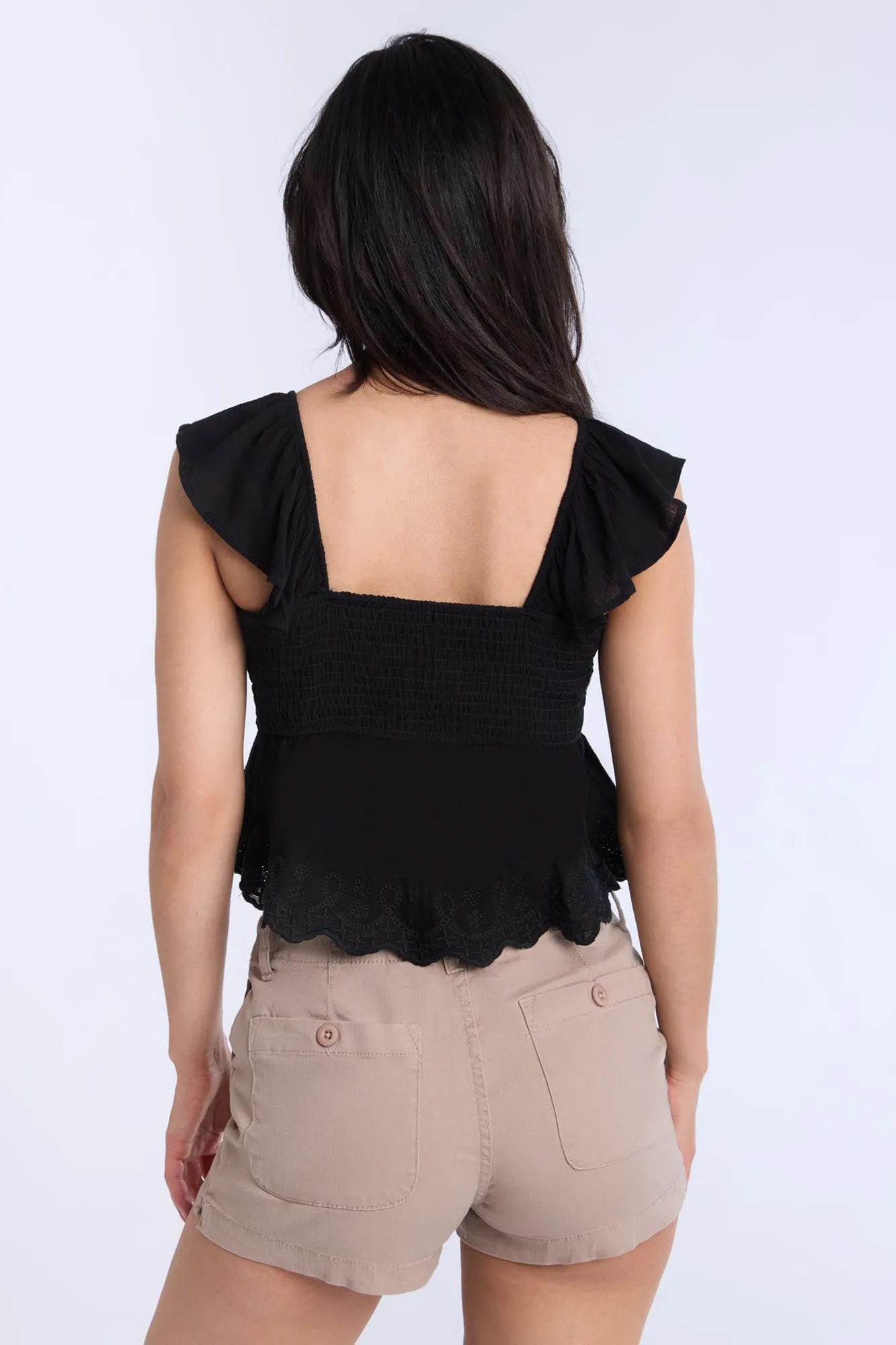 Eyelet Flutter Sleeve Babydoll Top