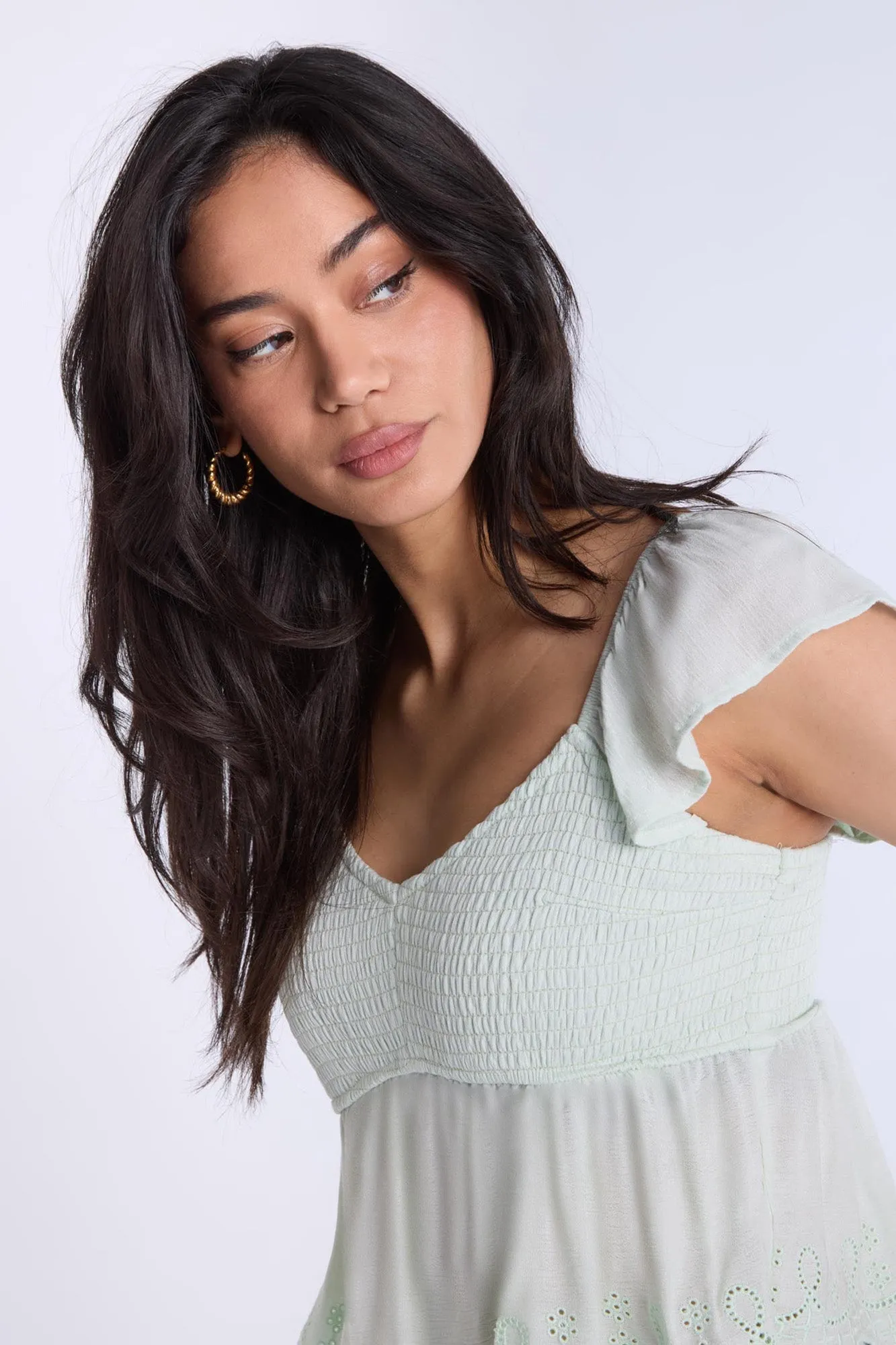 Eyelet Flutter Sleeve Babydoll Top