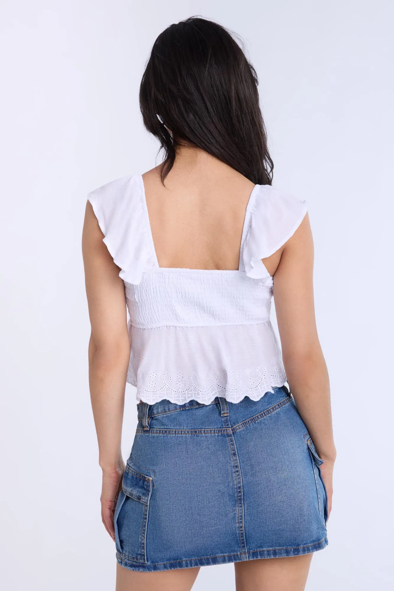 Eyelet Flutter Sleeve Babydoll Top