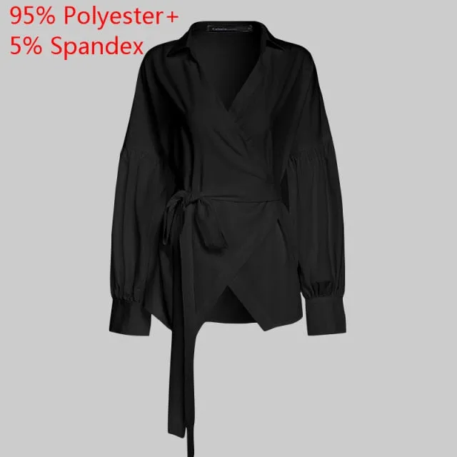 Fashion Women Tops and Blouse Vintage Lantern Sleeve Shirts Tunic Casual Belted Solid V-Neck Elegant Blusas Feminina