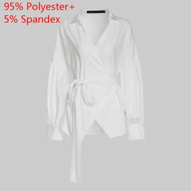 Fashion Women Tops and Blouse Vintage Lantern Sleeve Shirts Tunic Casual Belted Solid V-Neck Elegant Blusas Feminina