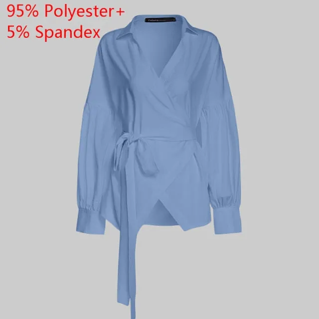 Fashion Women Tops and Blouse Vintage Lantern Sleeve Shirts Tunic Casual Belted Solid V-Neck Elegant Blusas Feminina