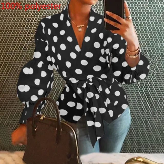 Fashion Women Tops and Blouse Vintage Lantern Sleeve Shirts Tunic Casual Belted Solid V-Neck Elegant Blusas Feminina