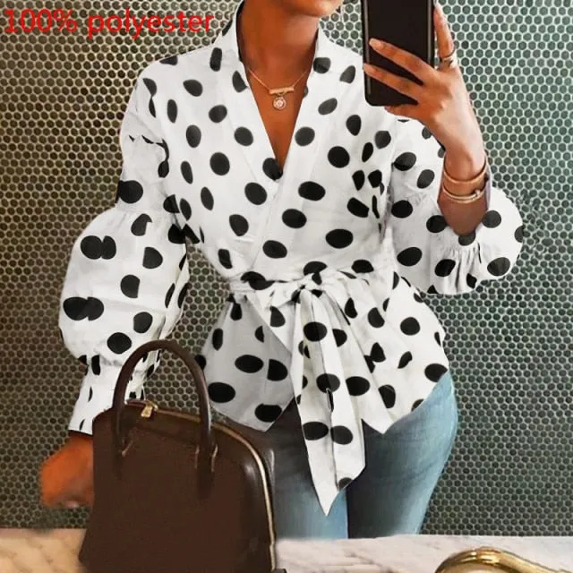 Fashion Women Tops and Blouse Vintage Lantern Sleeve Shirts Tunic Casual Belted Solid V-Neck Elegant Blusas Feminina