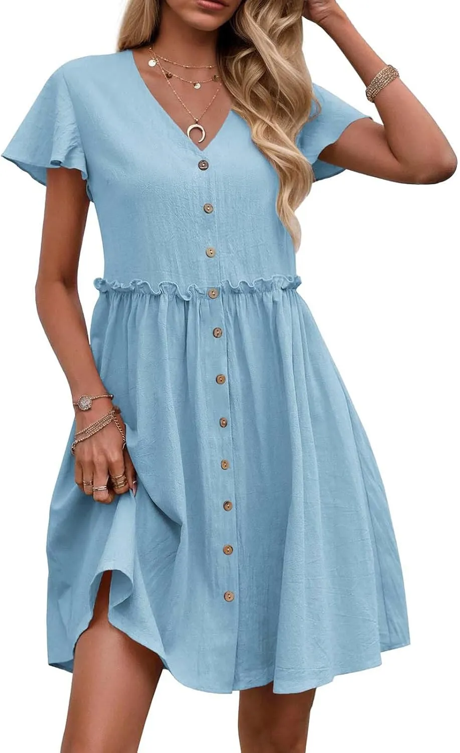 Finelylove Spring Summer Dresses Casual Button Down Shirt Dress Loose A Line Flowy Ruffle Shift Mini Dresses Beach Vacation