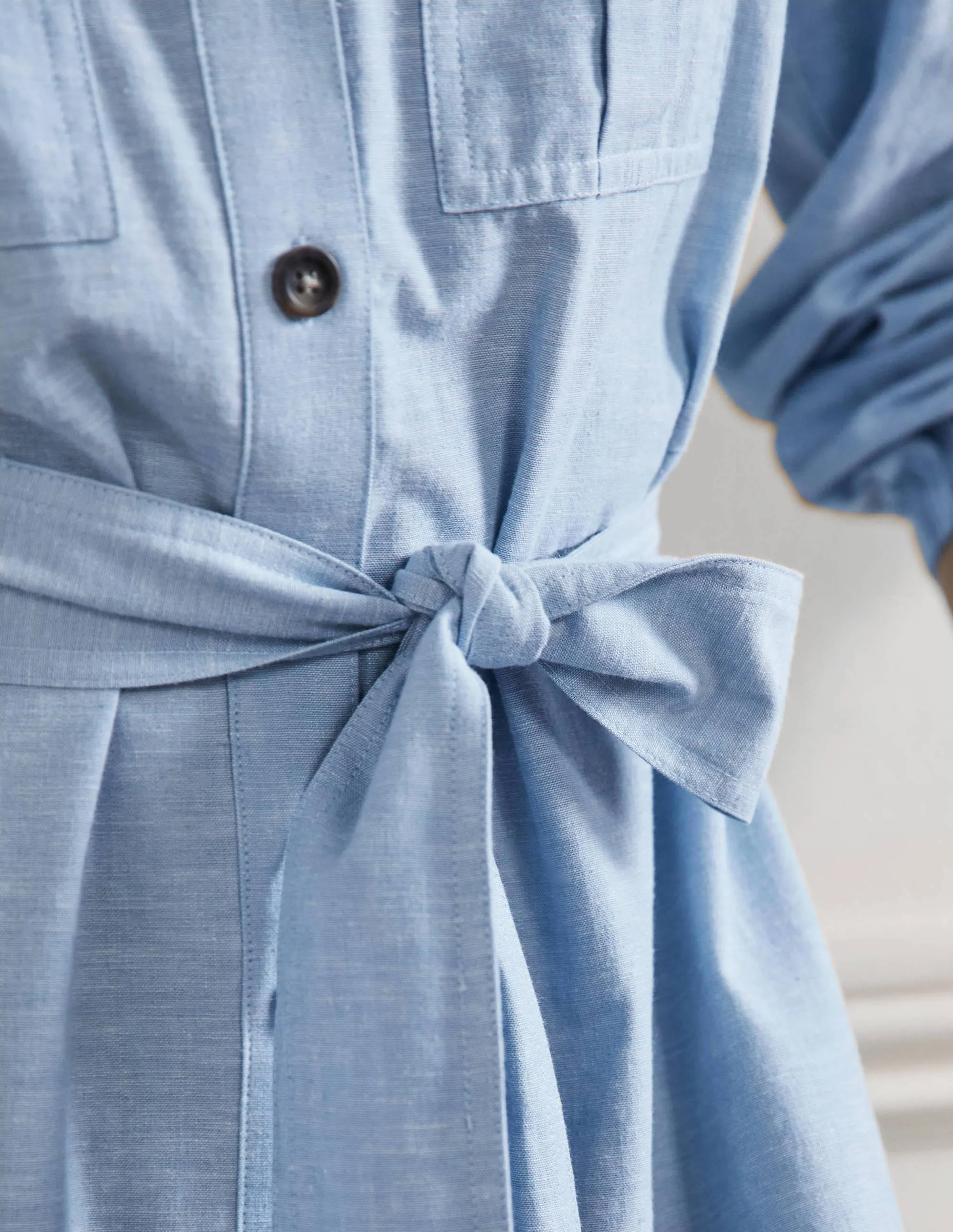 Fit and Flare Mini Shirt Dress-Light Chambray