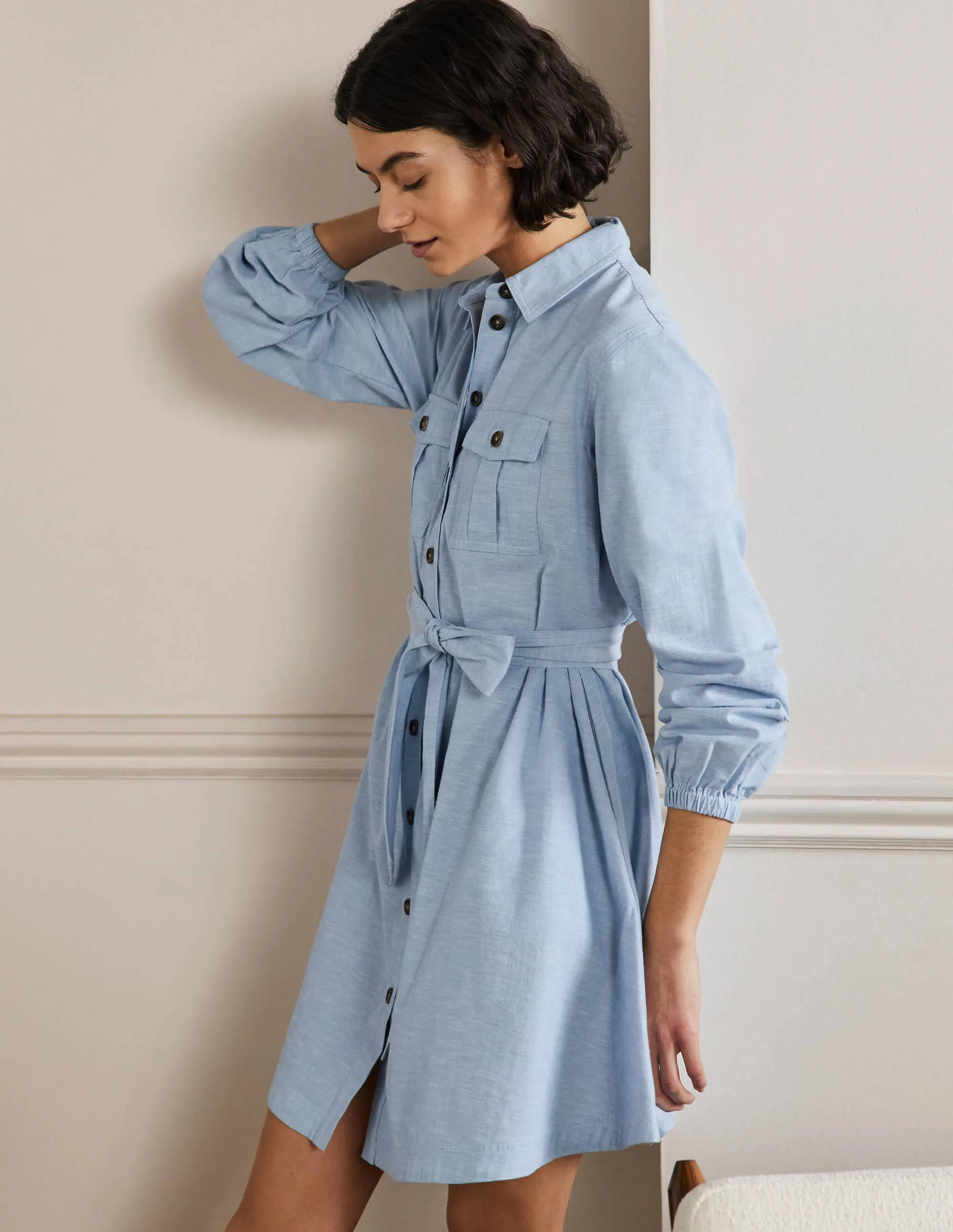 Fit and Flare Mini Shirt Dress-Light Chambray