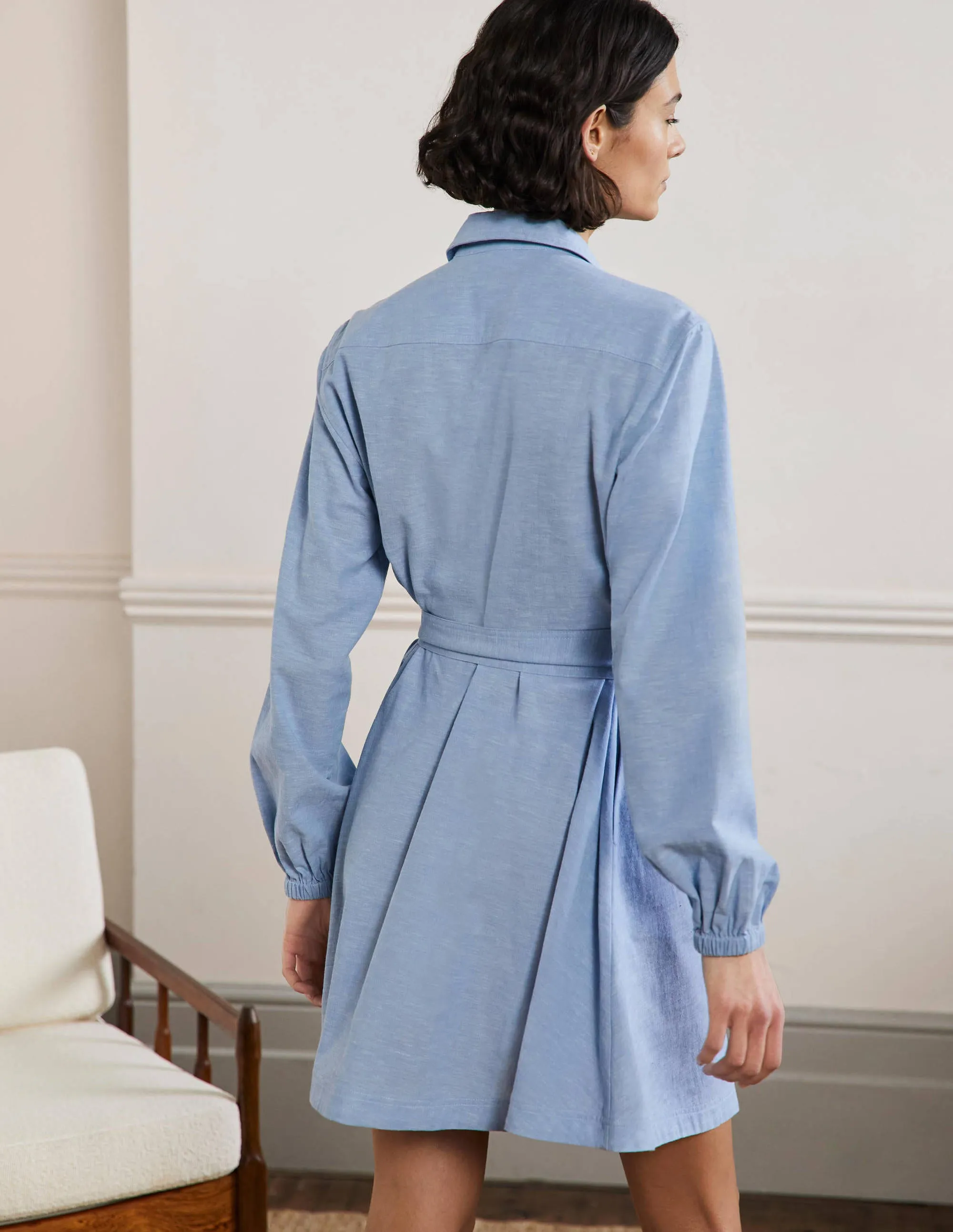 Fit and Flare Mini Shirt Dress-Light Chambray