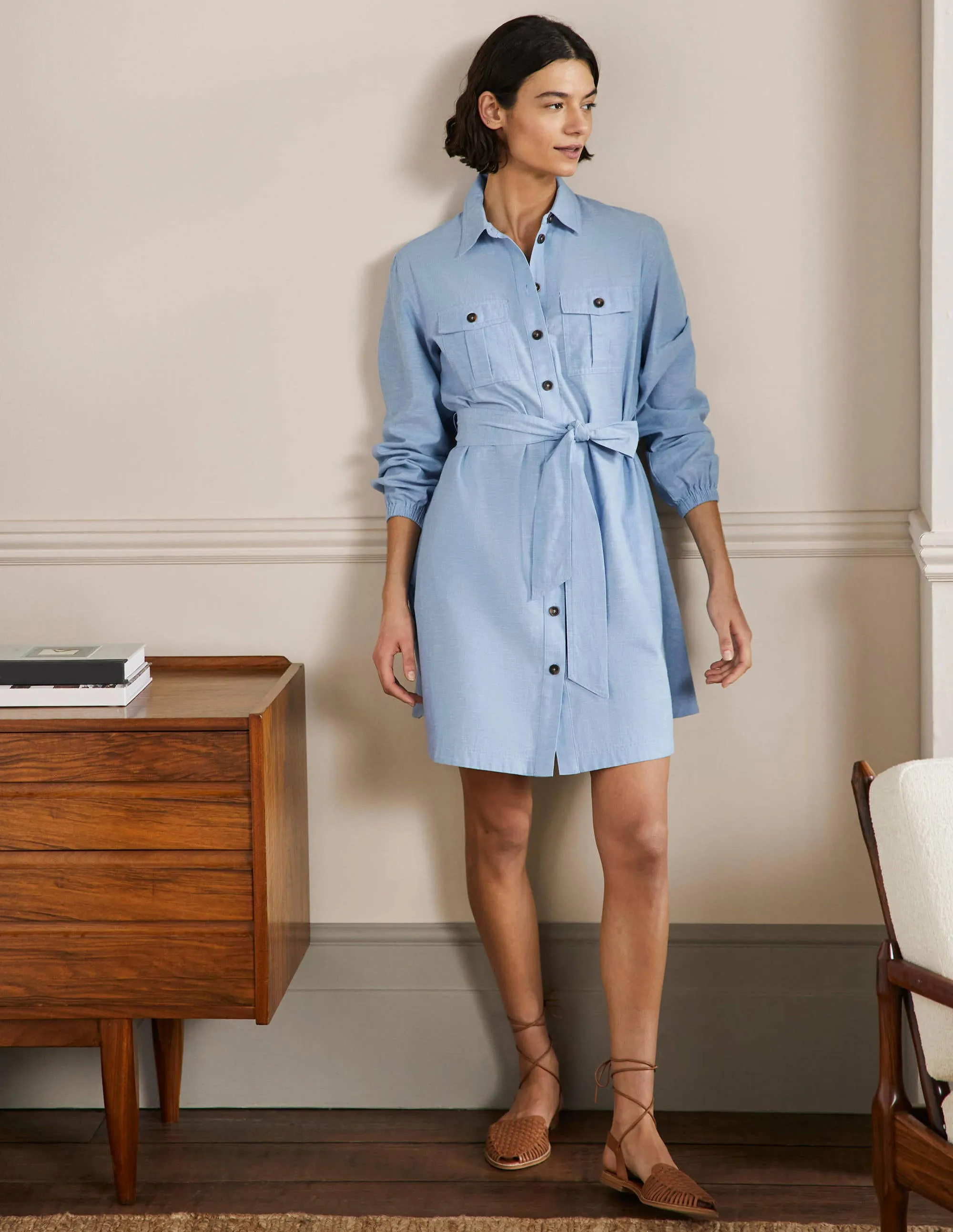 Fit and Flare Mini Shirt Dress-Light Chambray