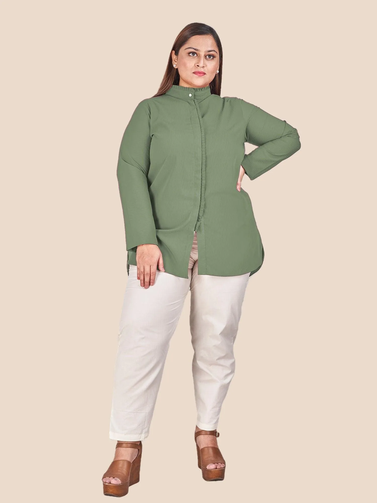 Green Mandarin Collar Shirt Style Top
