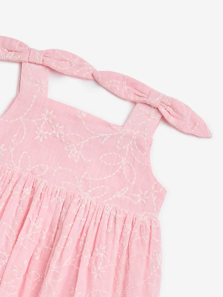 HOP Baby Pink Floral Embroidered Fit-and-Flare Cotton Dress