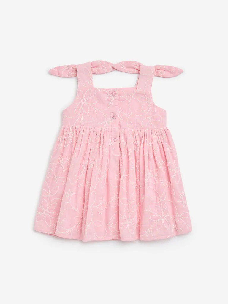 HOP Baby Pink Floral Embroidered Fit-and-Flare Cotton Dress