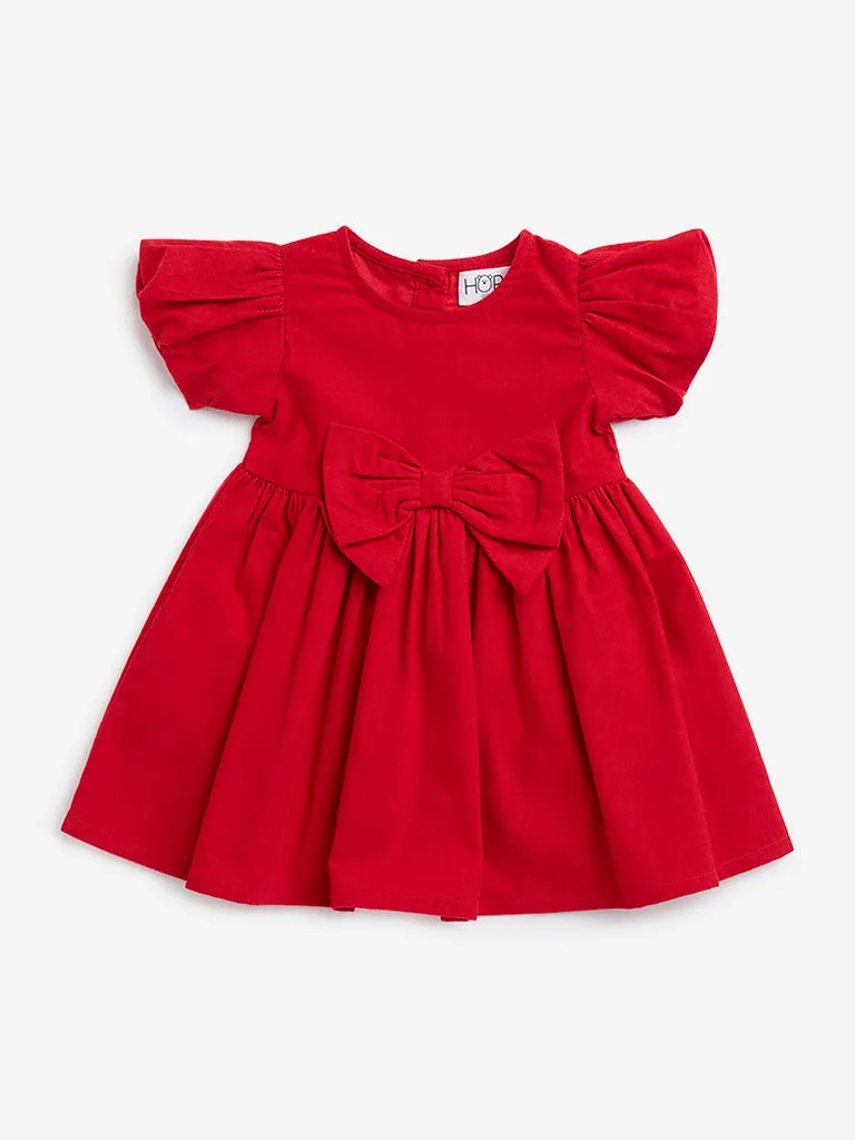 HOP Baby Red Bow-Detailed Fit-and-Flare Cotton Dress