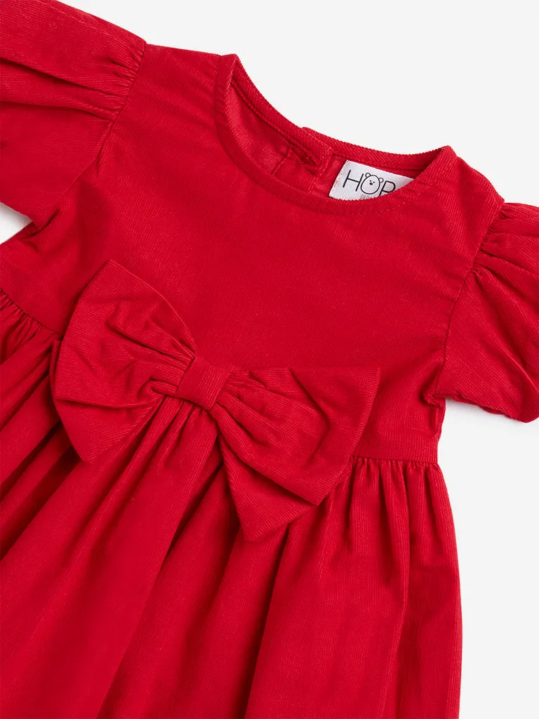 HOP Baby Red Bow-Detailed Fit-and-Flare Cotton Dress