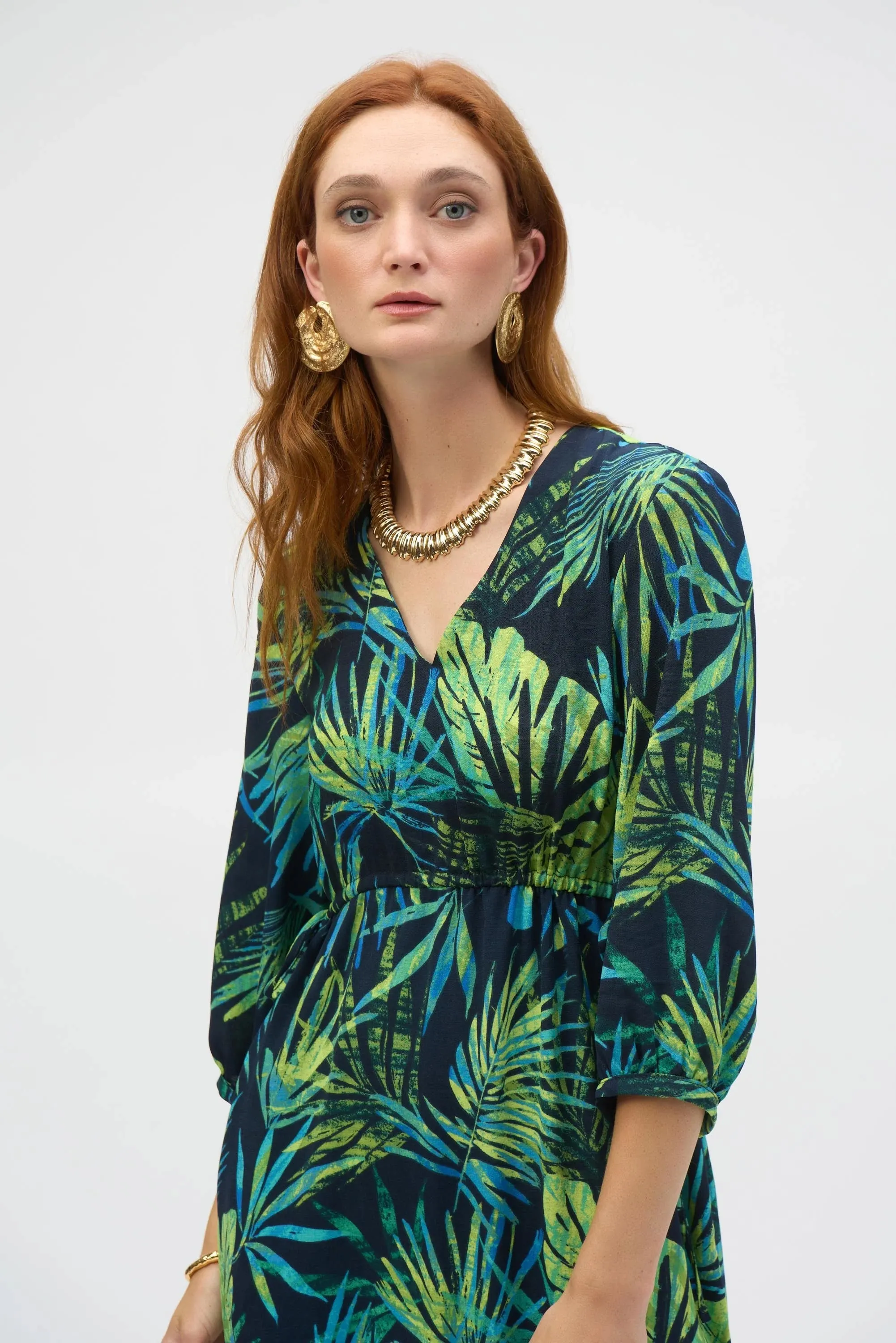 Joseph Ribkoff Midnight Blue/Multi Gauze Tropical Print Fit and Flare Dress