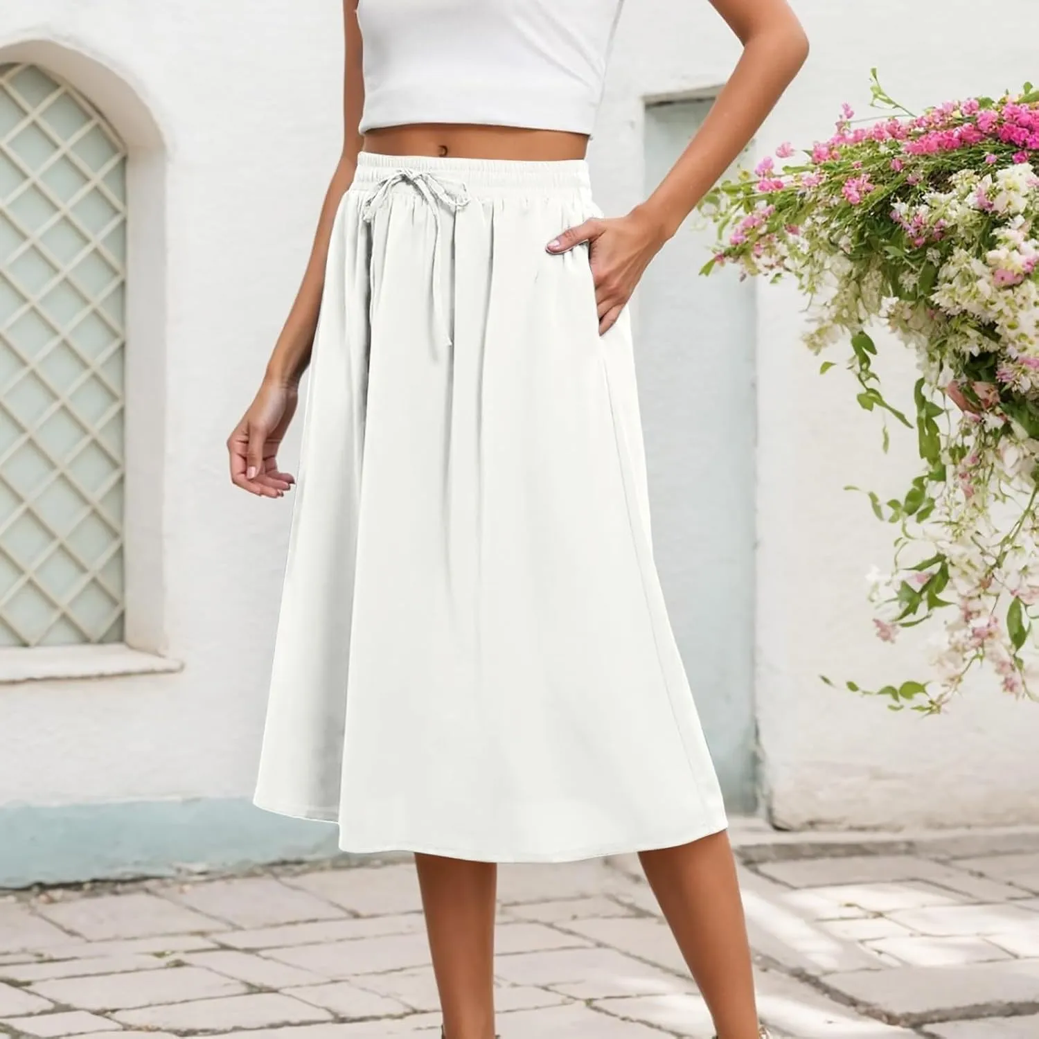 Knee Length Midi Skirts for Women Casual Elastic Waist Travel Skorts Summer Comfy Drawstring Maxi Skorts with Pockets
