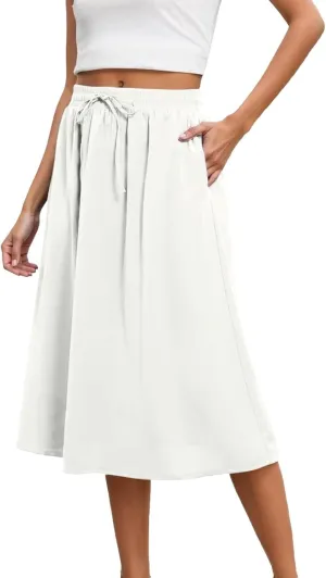 Knee Length Midi Skirts for Women Casual Elastic Waist Travel Skorts Summer Comfy Drawstring Maxi Skorts with Pockets
