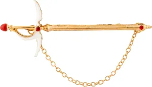 Knighthood Gold and White Sword Brooch with Red Stone and Hanging Chain Lapel Pin for Men  Stylish Suit Accessory