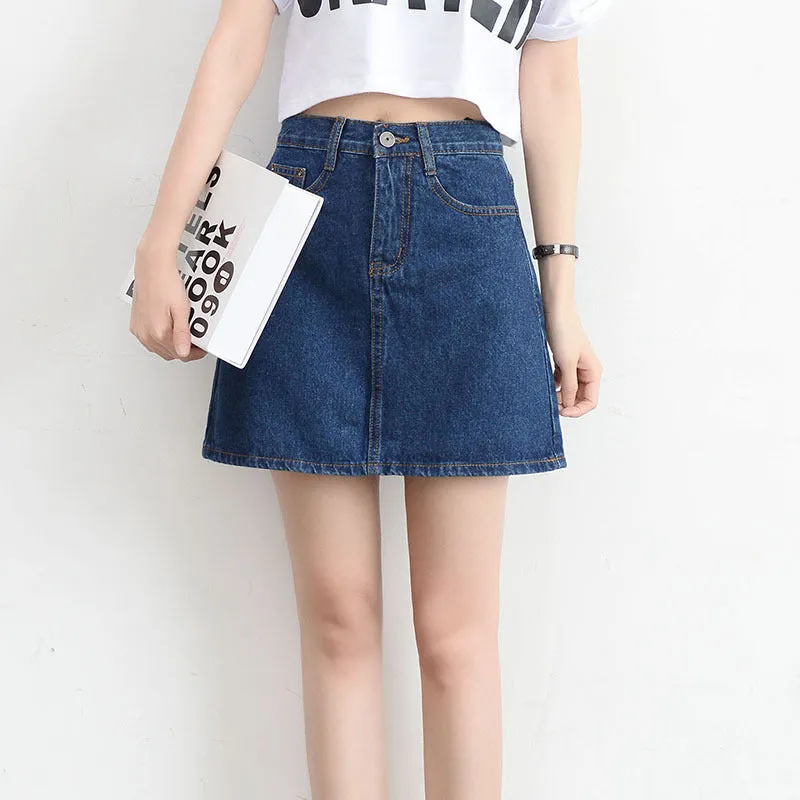 Korean Vintage High Waist Slim Look Hip Flattering A-Line Denim Short Korea BF College Solid Colored Skirt