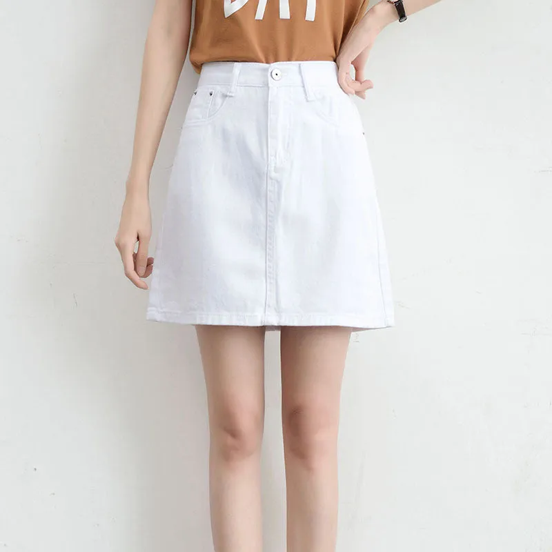 Korean Vintage High Waist Slim Look Hip Flattering A-Line Denim Short Korea BF College Solid Colored Skirt