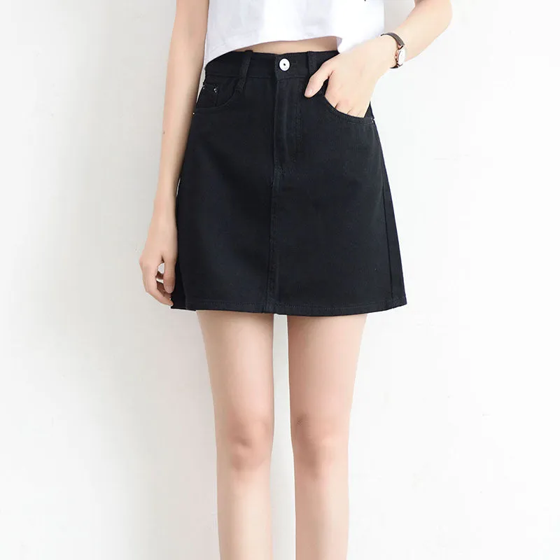 Korean Vintage High Waist Slim Look Hip Flattering A-Line Denim Short Korea BF College Solid Colored Skirt