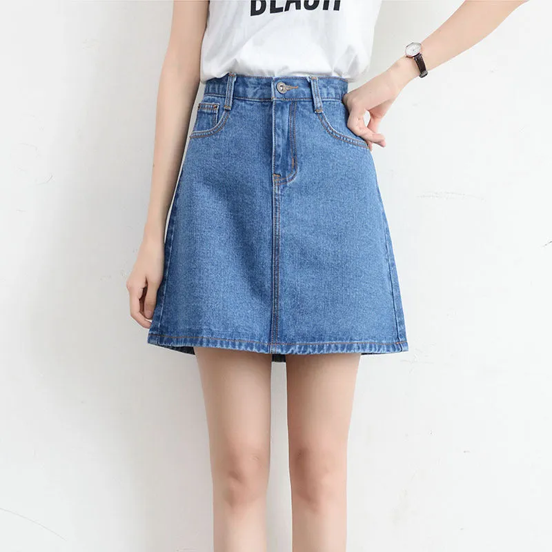 Korean Vintage High Waist Slim Look Hip Flattering A-Line Denim Short Korea BF College Solid Colored Skirt