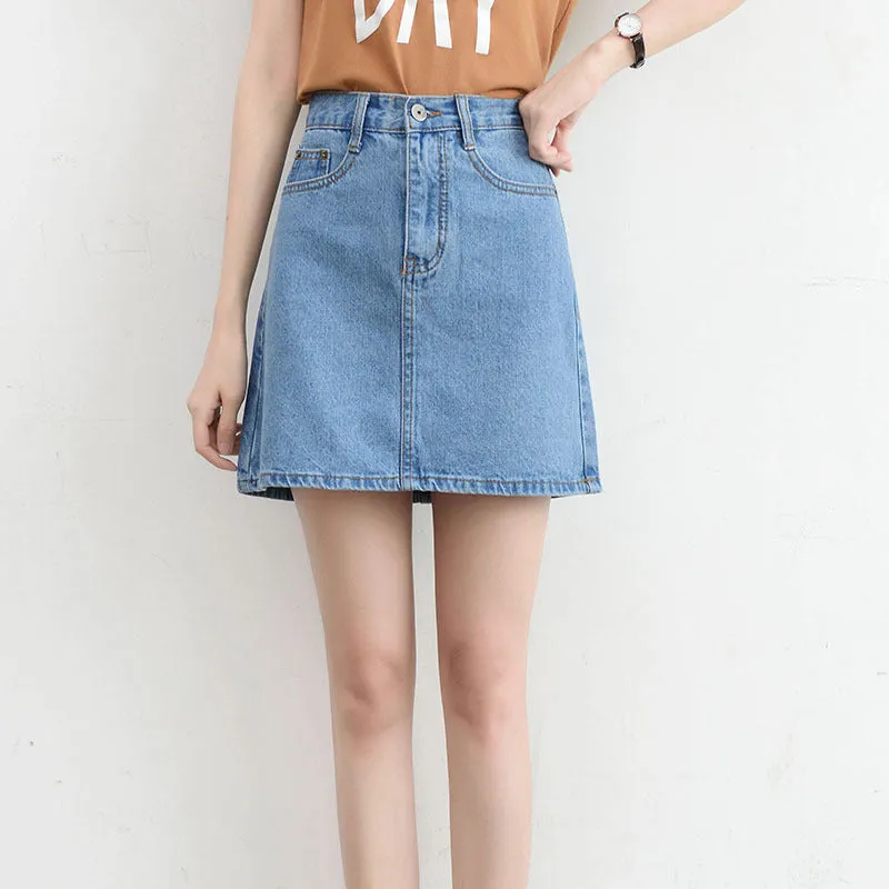 Korean Vintage High Waist Slim Look Hip Flattering A-Line Denim Short Korea BF College Solid Colored Skirt