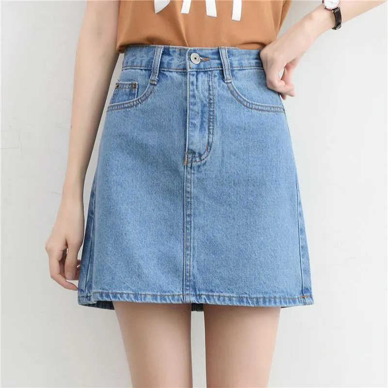 Korean Vintage High Waist Slim Look Hip Flattering A-Line Denim Short Korea BF College Solid Colored Skirt